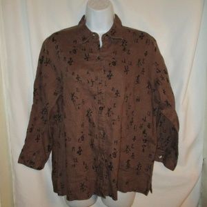 Chico's Brown Linen Asian Writting Linen Blouse 1